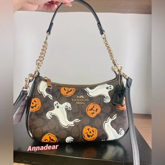 NWT Coach Teri Shoulder Bag In Signature Canvas Pumpkin Halloween Print CCE71 - Picture 5 of 15